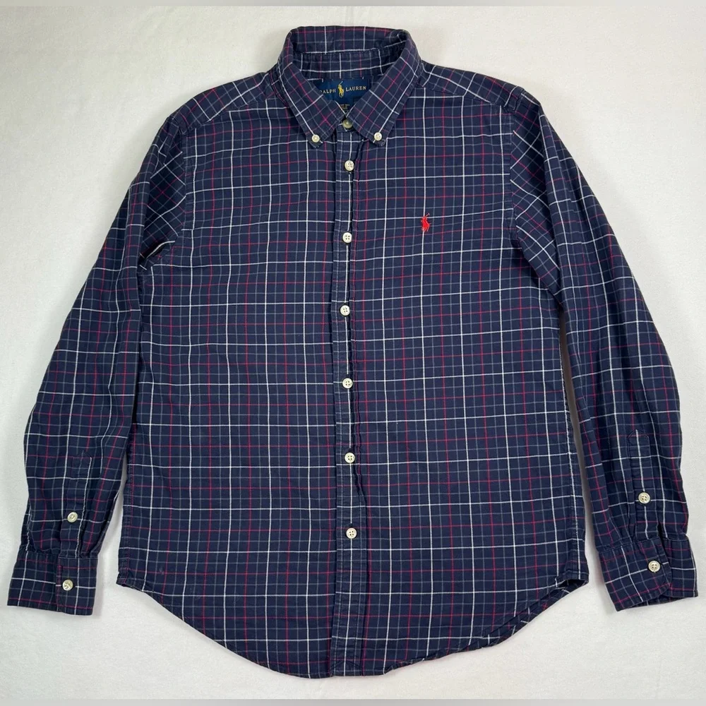 RALPH LAUREN Kids Boy’s 100% Cotton Purple Tartan Plaid Casual Button Down Large
